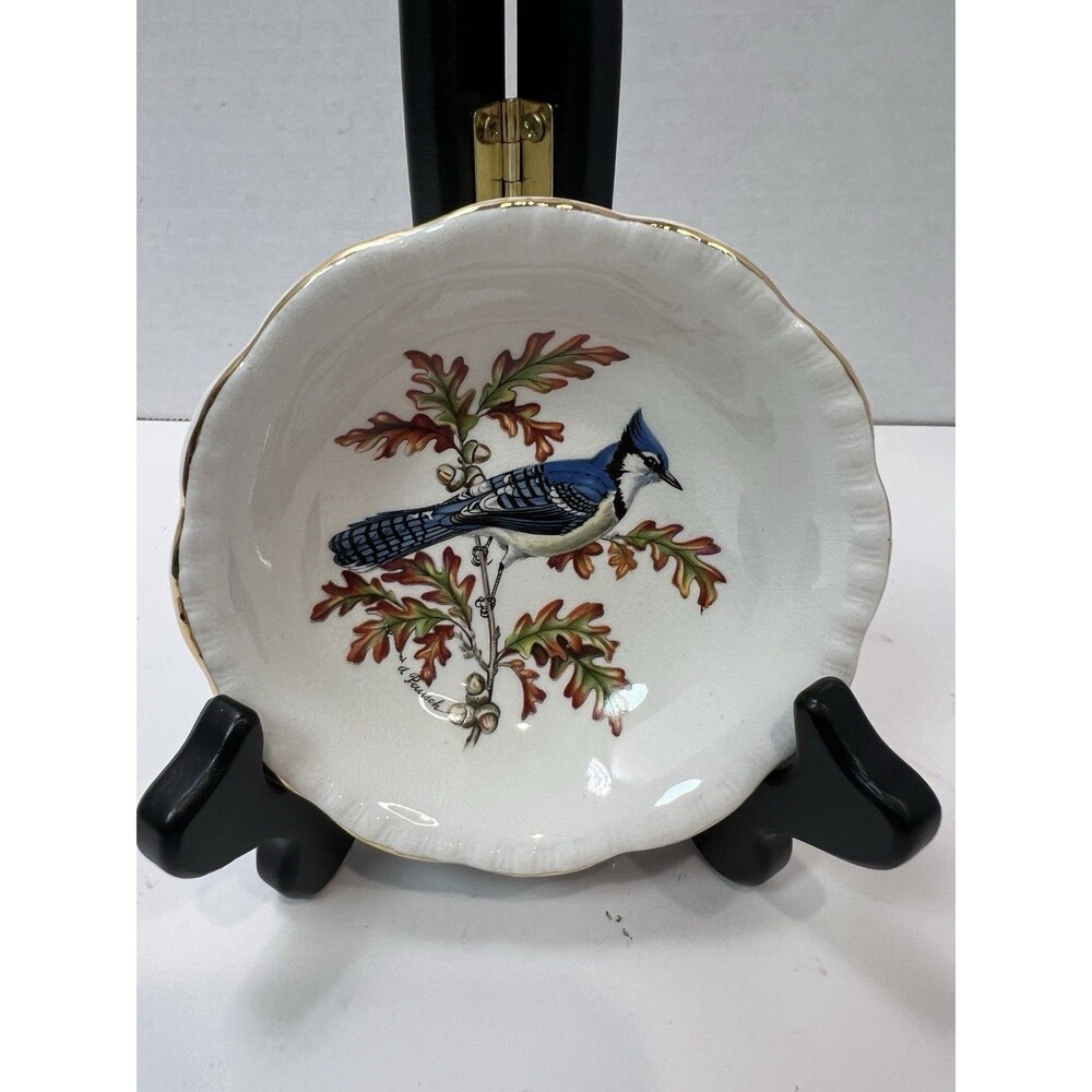 Vintage Royal Cauldron England  Blue Jay Butter Pat Porcelain Gold Ivory Trinket